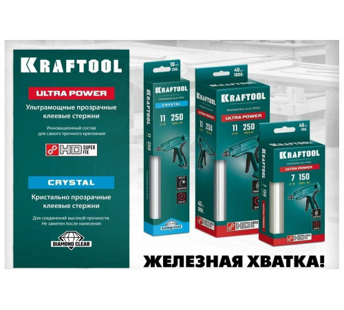 KRAFTOOL 10 шт., 250 г, 11 x 250 мм (11-12 мм), прозрачные, ультрамощные клеевые стержни 06848-10 KRAFTOOL 10 шт., 250 г, 11 x 250 мм (11-12 мм), прозрачные, ультрамощные клеевые стержни 06848-10