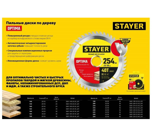 STAYER OPTIMA 190 x 20/16мм 36Т, диск пильный по дереву, оптимальный рез STAYER OPTIMA 190 x 20/16мм 36Т, диск пильный по дереву, оптимальный рез