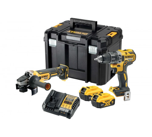 Набор электроинструмента Dewalt DCK2020P2T, 18 В: ударная дрель-шуруповерт DCD791 и угловая шлифмашина DCG405, с 2 АКБ 5 Ач и ЗУ, в кейсе TSTAK, DCK2020P2T-QW