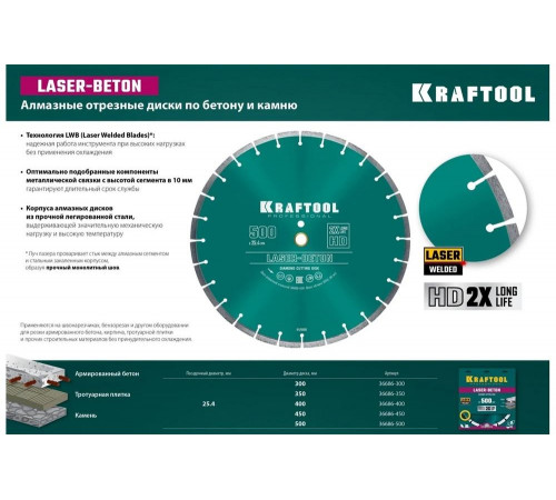 Диск алмазный отрезной по бетону и камню KRAFTOOL LASER-BETON (300х25.4 мм) 36686-300 Диск алмазный отрезной по бетону и камню KRAFTOOL LASER-BETON (300х25.4 мм) 36686-300