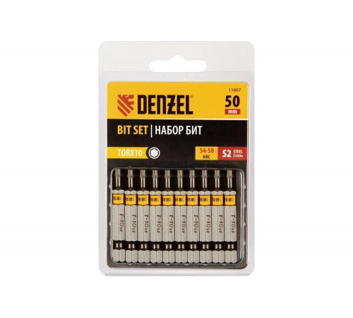 Набор бит TORX T10, 50 мм, сталь S2, шестигранный профиль, 10 шт Denzel 11667