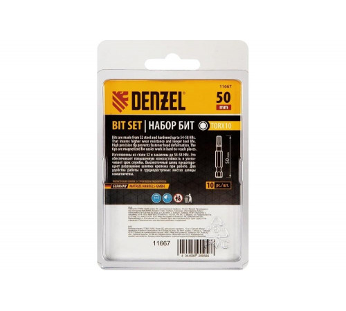 Набор бит TORX T10, 50 мм, сталь S2, шестигранный профиль, 10 шт Denzel 11667