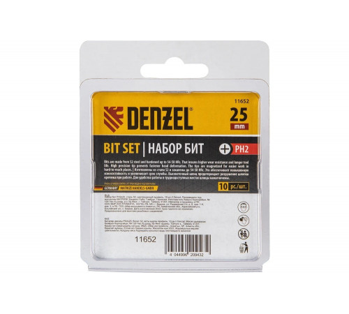 Набор бит PH2, 25 мм, сталь S2, шестигранный профиль, 10 шт Denzel 11652 Набор бит PH2, 25 мм, сталь S2, шестигранный профиль, 10 шт Denzel 11652