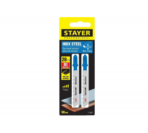 STAYER по металлу (листовой, цветной), EU-хвостовик, шаг 1.1 мм, 50 мм, 2 шт., полотна для эл/лобзика Bi-Metal 15994-1.1_z02 Professional STAYER по металлу (листовой, цветной), EU-хвостовик, шаг 1.1 мм, 50 мм, 2 шт., полотна для эл/лобзика Bi-Metal 15994-1.1_z02 Professional