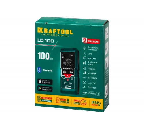 KRAFTOOL дальность 5 см - 100 м, точность 1,5 мм, лазерный дальномер LD-100 34765 KRAFTOOL дальность 5 см - 100 м, точность 1,5 мм, лазерный дальномер LD-100 34765