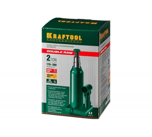 KRAFTOOL 2 т, 170-380 мм, домкрат гидравлический бутылочный сварной телескопический Double Ram 43463-2