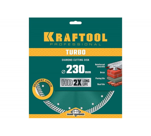 KRAFTOOL Ø 230Х22.2 мм, алмазный, сегментный, по армированному бетону, кирпичу диск отрезной TURBO 36682-230