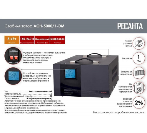 Стабилизатор напряжения РЕСАНТА АСН-5000/1-ЭМ