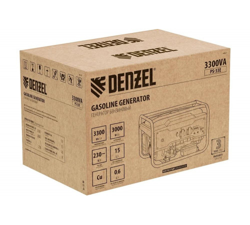 Бензиновый генератор Denzel PS-33E, 3,3 кВт, 230В, 15 л, электростартер 94537 Бензиновый генератор Denzel PS-33E, 3,3 кВт, 230В, 15 л, электростартер 94537