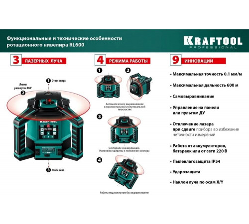 KRAFTOOL ротационный лазерный нивелир в кейсе RL600 34600_z01 Professional KRAFTOOL ротационный лазерный нивелир в кейсе RL600 34600_z01 Professional