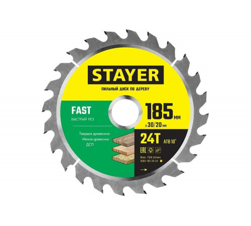 STAYER FAST 185 x 30/20мм 24Т, диск пильный по дереву, быстрый рез STAYER FAST 185 x 30/20мм 24Т, диск пильный по дереву, быстрый рез