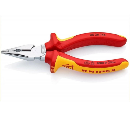 Комбинированные остроконечные плоскогубцы KNIPEX с удлинёнными губками VDE, 145 мм, хром, 2-комп ручки, SB KN-0826145SB Комбинированные остроконечные плоскогубцы KNIPEX с удлинёнными губками VDE, 145 мм, хром, 2-комп ручки, SB KN-0826145SB