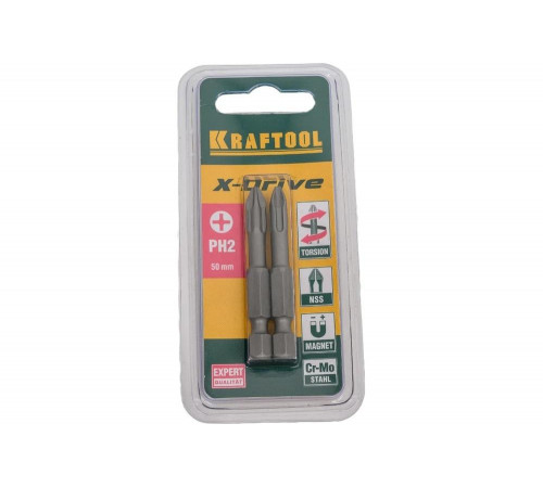 KRAFTOOL PH2, 2 шт., 50 мм, кованые профессиональные биты X-DRIVE 26121-2-50-2 KRAFTOOL PH2, 2 шт., 50 мм, кованые профессиональные биты X-DRIVE 26121-2-50-2