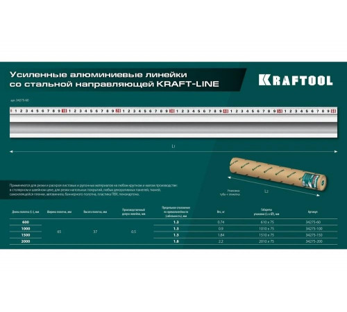 Усиленная алюминиевая линейка KRAFTOOL Kraft-line 0.6 м со стальной направляющей 34275-60