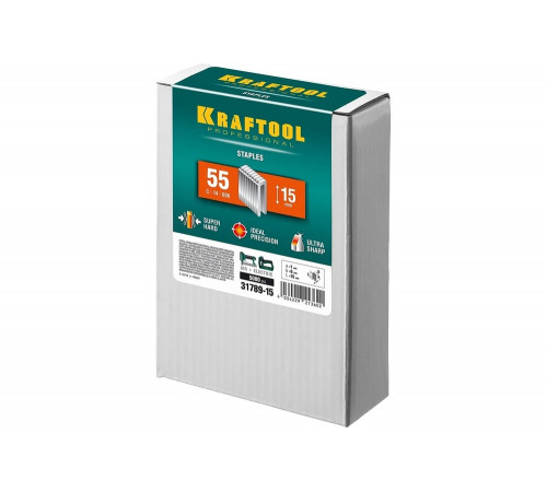 KRAFTOOL скобы тип 55, 15 мм, скобы для степлера узкие 31789-15 KRAFTOOL скобы тип 55, 15 мм, скобы для степлера узкие 31789-15