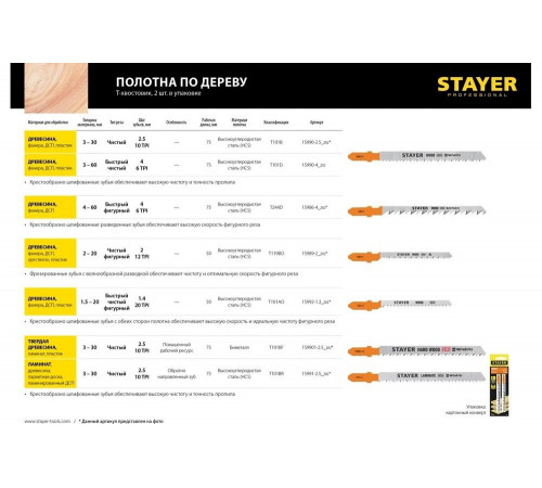 STAYER по дереву, фанере, EU-хвостовик, шаг 2.5 мм, 75 мм, 2 шт., полотна для эл/лобзика HCS 15990-2.5_z02 Professional STAYER по дереву, фанере, EU-хвостовик, шаг 2.5 мм, 75 мм, 2 шт., полотна для эл/лобзика HCS 15990-2.5_z02 Professional