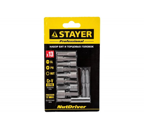 STAYER 13 шт., Cr-V, набор бит и торцовых головок 2611-H13 STAYER 13 шт., Cr-V, набор бит и торцовых головок 2611-H13