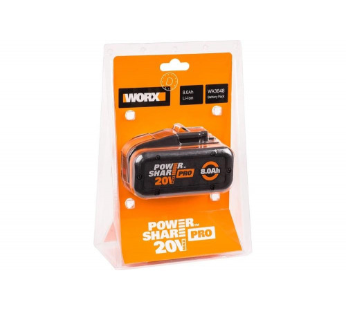 Мощный аккумулятор WORX WA3648 20V с ёмкостью 8 Ач Мощный аккумулятор WORX WA3648 20V с ёмкостью 8 Ач