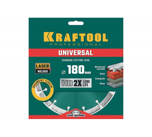 KRAFTOOL Ø 180Х22.2 мм, алмазный, сегментный, по железобетону, высокопрочному бетону диск отрезной UNIVERSAL 36680-180