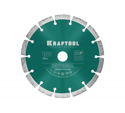 KRAFTOOL Ø 180Х22.2 мм, алмазный, сегментный, по железобетону, высокопрочному бетону диск отрезной UNIVERSAL 36680-180