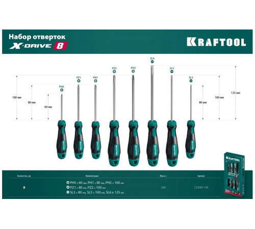 KRAFTOOL 8 шт, набор отверток Х-Drive-8 250081-H8 KRAFTOOL 8 шт, набор отверток Х-Drive-8 250081-H8