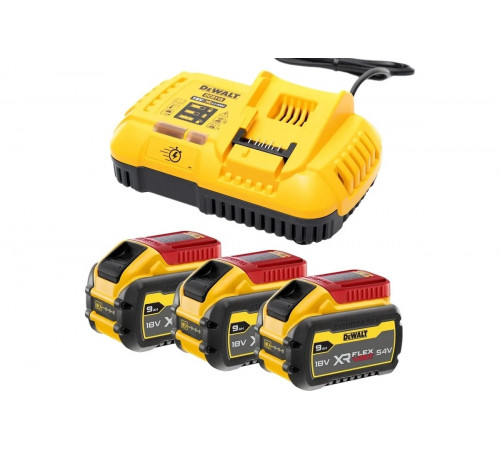 Набор Dewalt: 3 аккумулятора DCB547, Li-Ion, 18/54 В, 9/3 Ач и зарядное устройство DCB118, 18/54 В, 8 А, DCB118X3