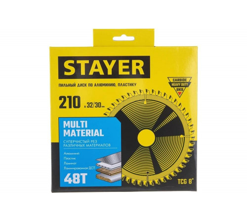 STAYER MULTI MATERIAL 210х32/30мм 48Т, диск пильный по алюминию, супер чистый рез STAYER MULTI MATERIAL 210х32/30мм 48Т, диск пильный по алюминию, супер чистый рез