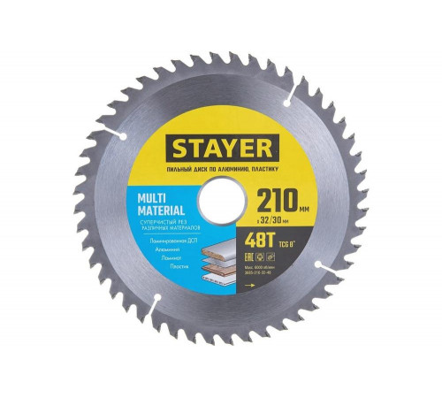 STAYER MULTI MATERIAL 210х32/30мм 48Т, диск пильный по алюминию, супер чистый рез STAYER MULTI MATERIAL 210х32/30мм 48Т, диск пильный по алюминию, супер чистый рез