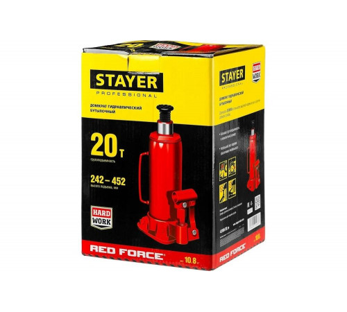 STAYER 20 т, 242-452 мм, домкрат бутылочный гидравлический RED FORCE 43160-20_z01 Professional STAYER 20 т, 242-452 мм, домкрат бутылочный гидравлический RED FORCE 43160-20_z01 Professional