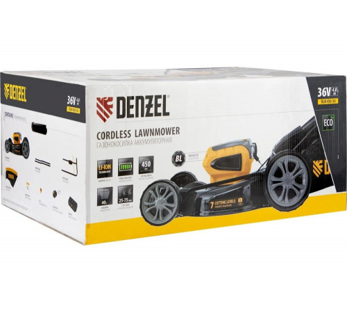 Аккумуляторная бесщеточная газонокосилка Denzel RLM450-36 Li-ion, 36 В, 4 Ач 58910 Аккумуляторная бесщеточная газонокосилка Denzel RLM450-36 Li-ion, 36 В, 4 Ач 58910