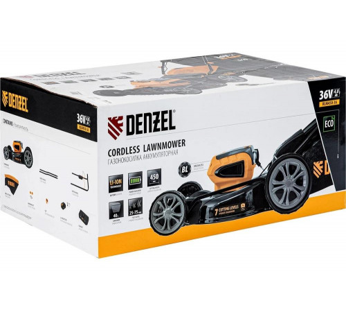 Аккумуляторная бесщеточная газонокосилка Denzel RLM450-36 Li-ion, 36 В, 4 Ач 58910 Аккумуляторная бесщеточная газонокосилка Denzel RLM450-36 Li-ion, 36 В, 4 Ач 58910