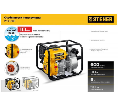 STEHER 600 л/мин, мотопомпа бензиновая WPC-600 STEHER 600 л/мин, мотопомпа бензиновая WPC-600
