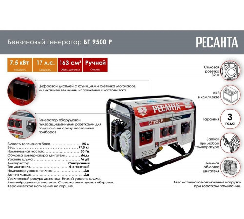 Электрогенератор Ресанта БГ 9500 Р Электрогенератор Ресанта БГ 9500 Р