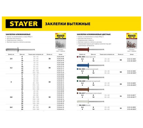 STAYER 4.0 х 10 мм, RAL 5005 синий насыщенный, 50 шт., алюминиевые заклепки Color-FIX 3125-40-5005 P STAYER 4.0 х 10 мм, RAL 5005 синий насыщенный, 50 шт., алюминиевые заклепки Color-FIX 3125-40-5005 P