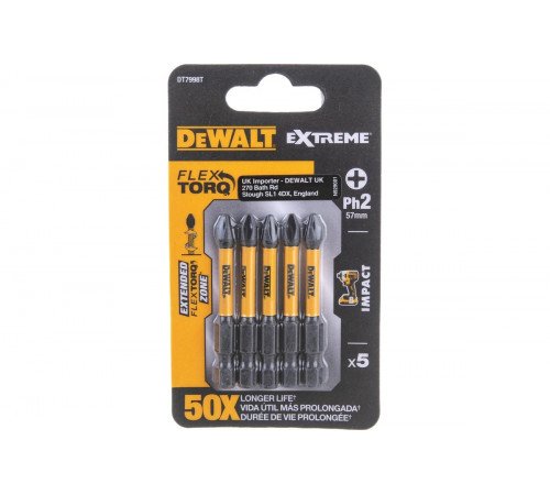 Биты ударные IMPACT Torsion (5 шт; Ph2; 57мм) DEWALT DT7998T