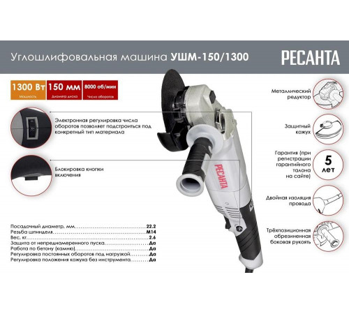 Углошлифовальная машина УШМ-150/1300 Ресанта (болгарка) Углошлифовальная машина УШМ-150/1300 Ресанта (болгарка)