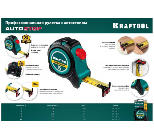 KRAFTOOL 10 м х 25 мм, автостоп, рулетка профессиональная 3412-10-25 KRAFTOOL 10 м х 25 мм, автостоп, рулетка профессиональная 3412-10-25