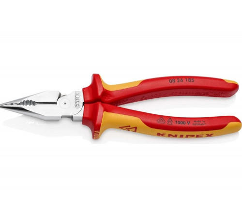 Комбинированные остроконечные плоскогубцы KNIPEX с удлинёнными губками, длина 185 мм, хром, двухкомпонентные диэлектрические ручки SB KN-0826185SB Комбинированные остроконечные плоскогубцы KNIPEX с удлинёнными губками, длина 185 мм, хром, двухкомпонентные диэлектрические ручки SB KN-0826185SB