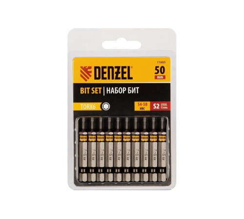 Набор бит TORX T6, 50 мм, сталь S2, шестигранный профиль, 10 шт Denzel 11665 Набор бит TORX T6, 50 мм, сталь S2, шестигранный профиль, 10 шт Denzel 11665