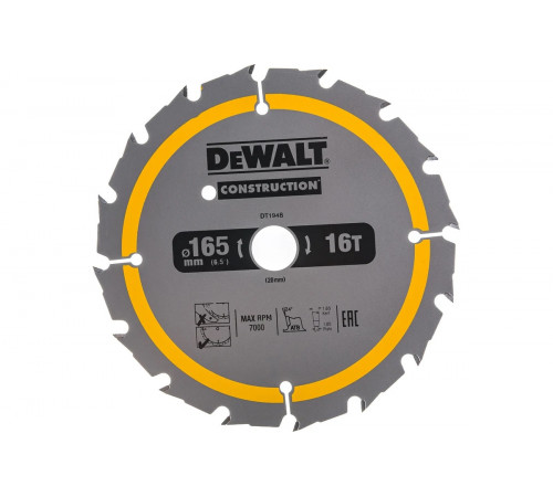 Пильный диск CONSTRUCT 165х20 мм, 16Т, ATB +24град DEWALT DT1948