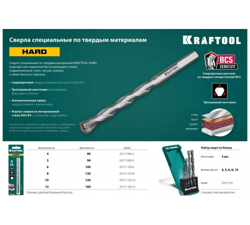 KRAFTOOL 4 х 80 мм, cверло специальное по твёрдым материалам HARD 29177-080-4 KRAFTOOL 4 х 80 мм, cверло специальное по твёрдым материалам HARD 29177-080-4