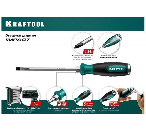 KRAFTOOL набор из 6 предметов ударных отверток IMPACT 25025 PRO KRAFTOOL набор из 6 предметов ударных отверток IMPACT 25025 PRO