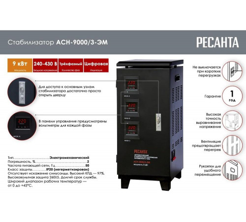 Стабилизатор напряжения РЕСАНТА АСН-9000/3-ЭМ