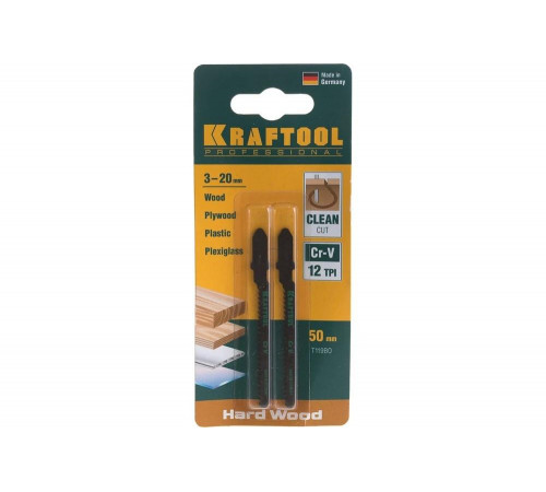 KRAFTOOL по дереву, фанере, ДСП, фигурный рез, EU-хвостовик, шаг 2 мм, 50 мм, 2 шт., полотна для лобзика Cr-V 159536-2