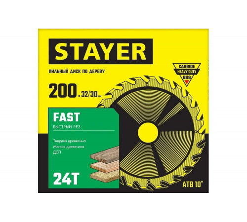 STAYER FAST 200 x 32/30мм 24Т, диск пильный по дереву, быстрый рез