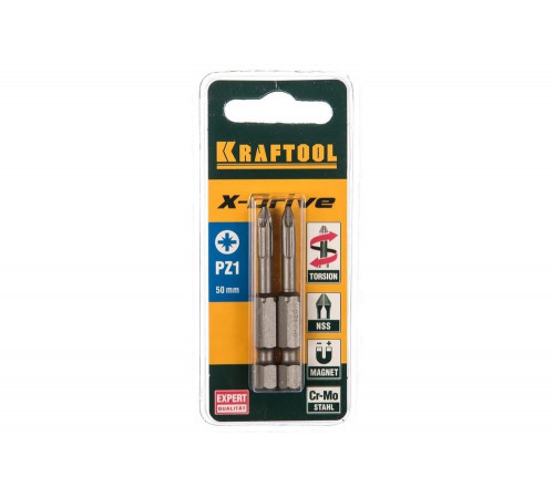 KRAFTOOL PZ1, 50 мм, 2 шт., кованые профессиональные биты X-DRIVE 26123-1-50-2 KRAFTOOL PZ1, 50 мм, 2 шт., кованые профессиональные биты X-DRIVE 26123-1-50-2