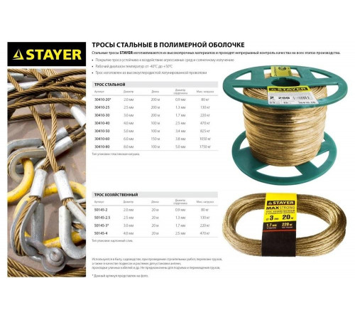 STAYER 20 м, стальной, полимерная оболочка,  2 мм, трос хозяйственный 50145-2