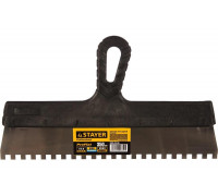 Нержавеющий зубчатый шпатель с пластмассовой ручкой, 350мм, зуб 8х8мм STAYER 1009-35-08