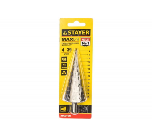 STAYER 4-39 мм, 14 ступеней, HSS, сверло ступенчатое 29660-4-39-14 STAYER 4-39 мм, 14 ступеней, HSS, сверло ступенчатое 29660-4-39-14