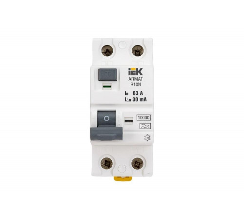 Выключатель дифференциального тока IEK ARMAT R10N 2P 63А 30мА тип A AR-R10N-2-063A030 Выключатель дифференциального тока IEK ARMAT R10N 2P 63А 30мА тип A AR-R10N-2-063A030